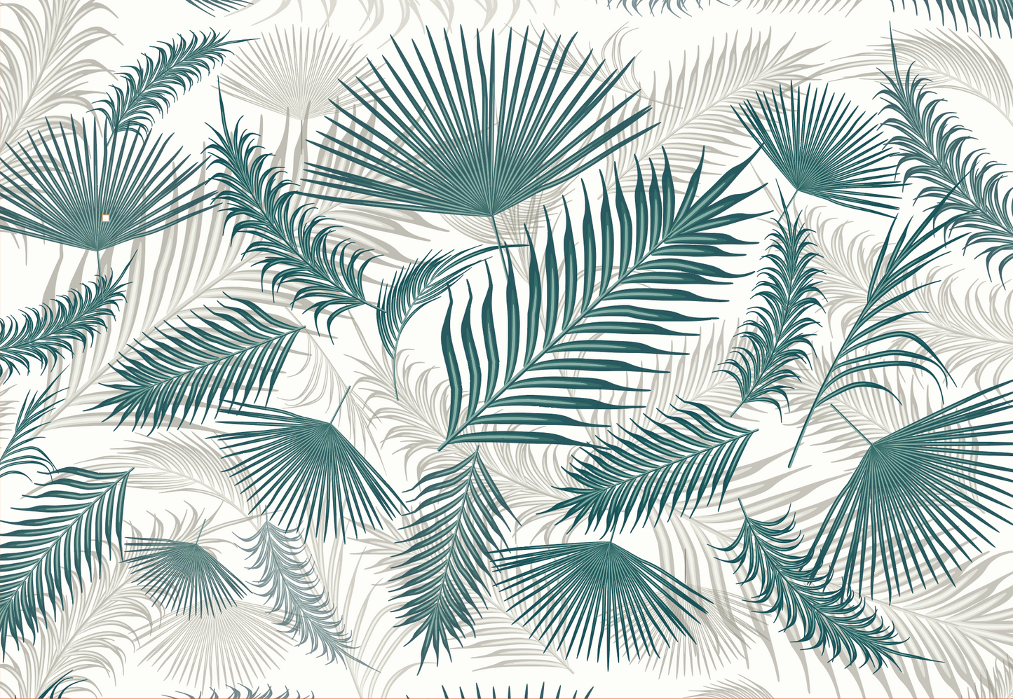 Pattern of various green, tan, and beige palm leaves on a light background