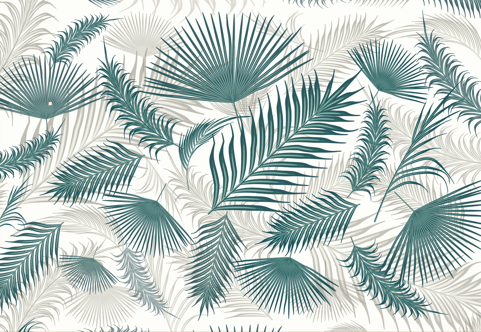 Pattern of various green, tan, and beige palm leaves on a light background