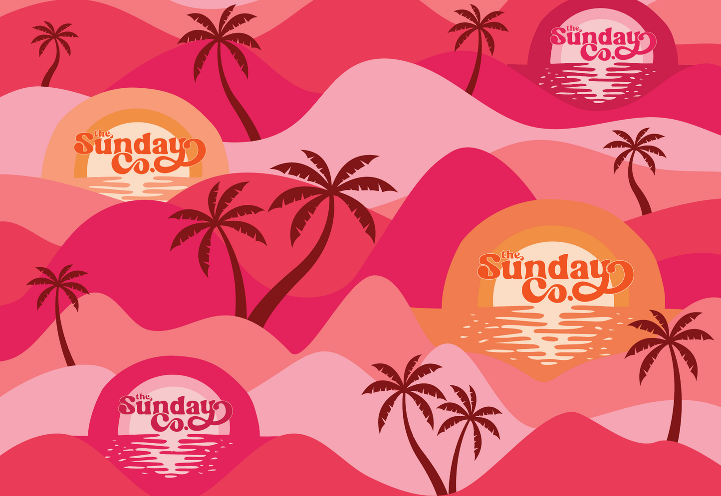 Pink peach landscape with palm trees and The Sunday Company logo in several setting suns