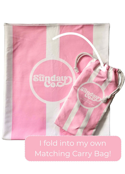Pink and white product with matching drawstring bag, Sunday Co. branding visible