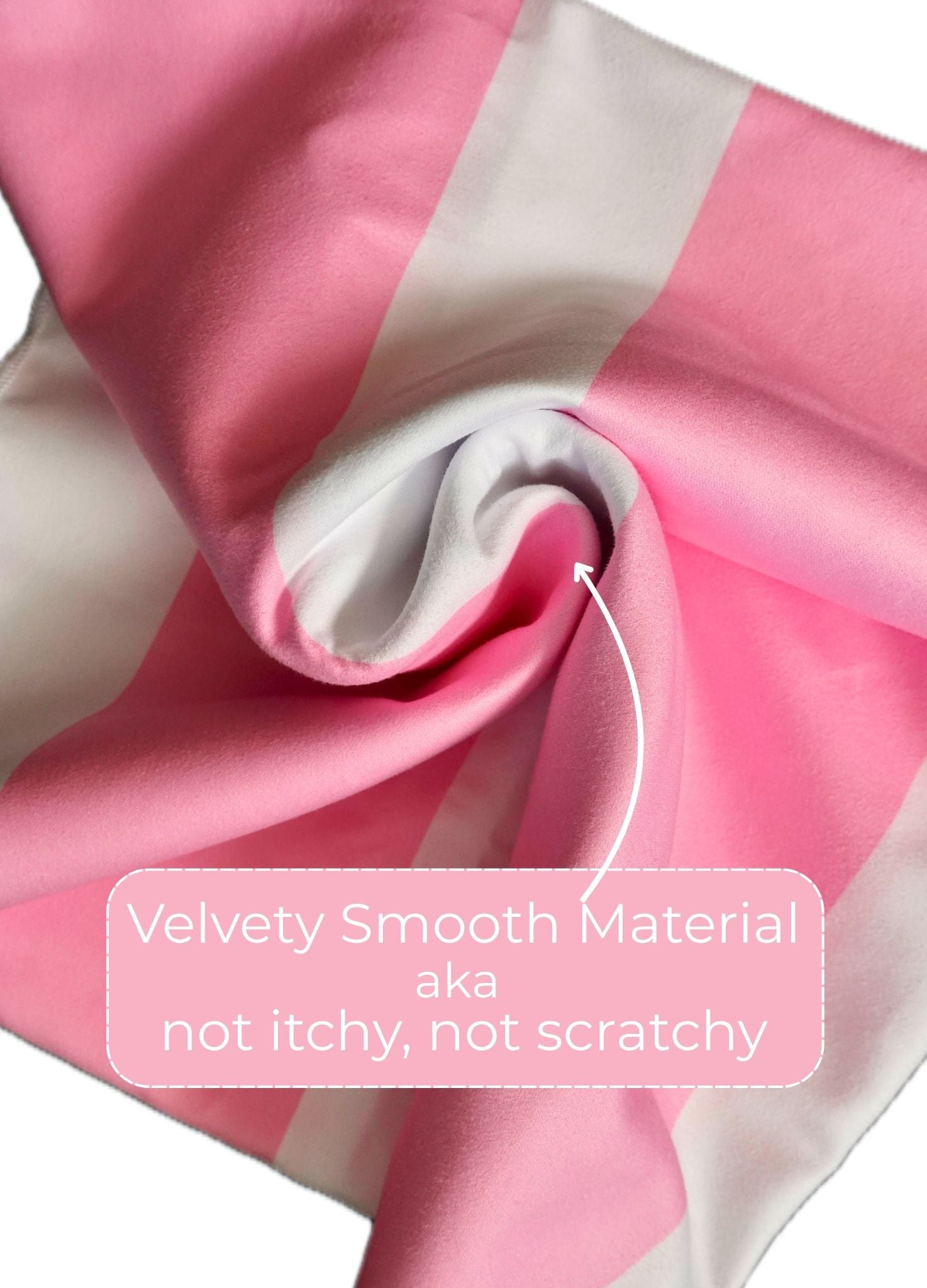 Pink and white fabric with a close-up of texture and a text overlay about material properties.