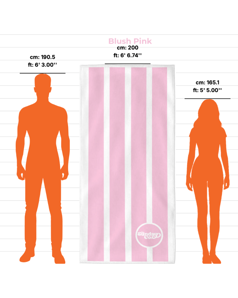 Measurement chart showing height equivalence between a man and a woman vs a pink and white striped towel.