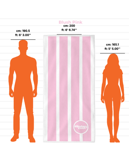 Measurement chart showing height equivalence between a man and a woman vs a pink and white striped towel.