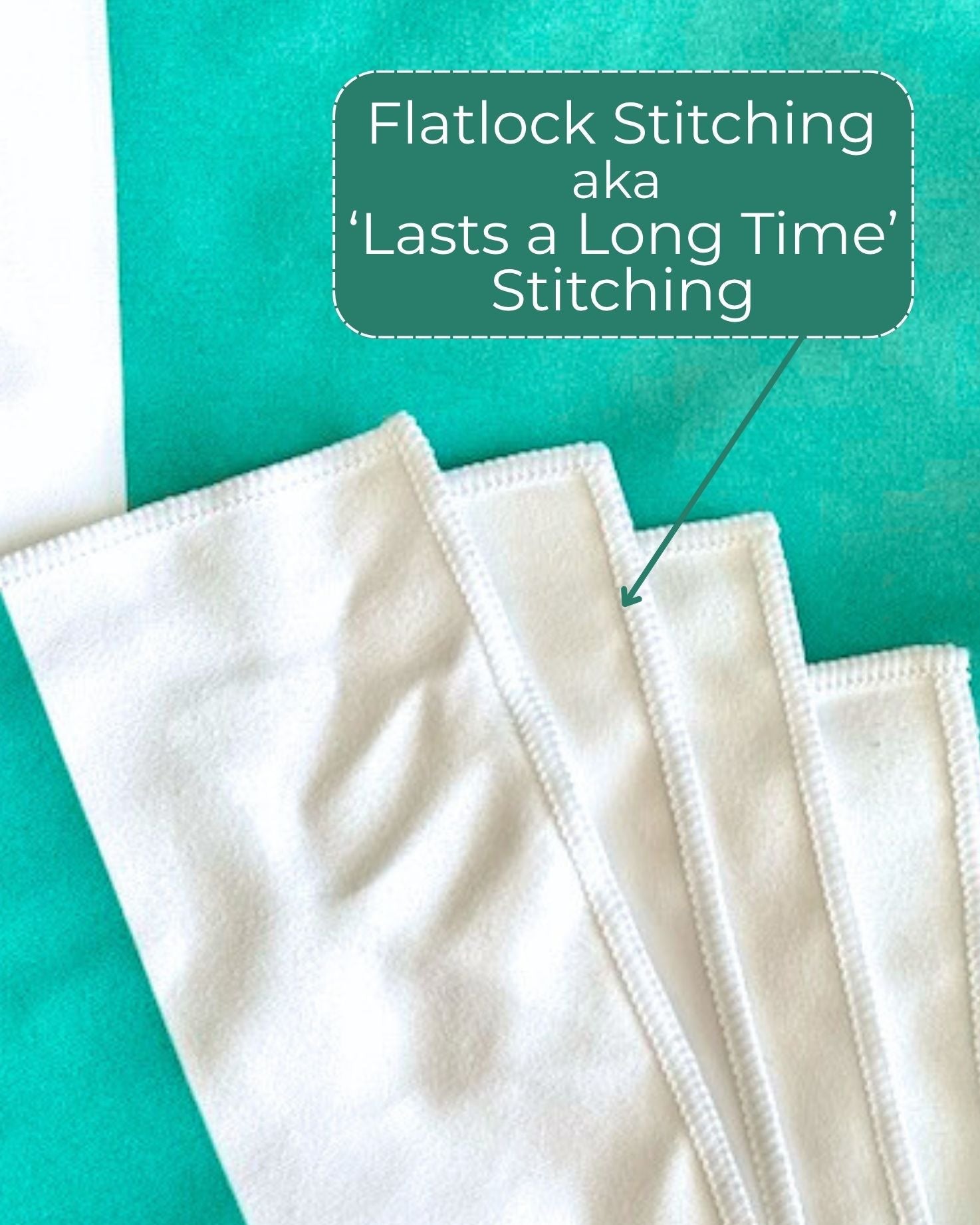 Green and White fabric with flatlock stitching, text overlay about flatlock stitching.
