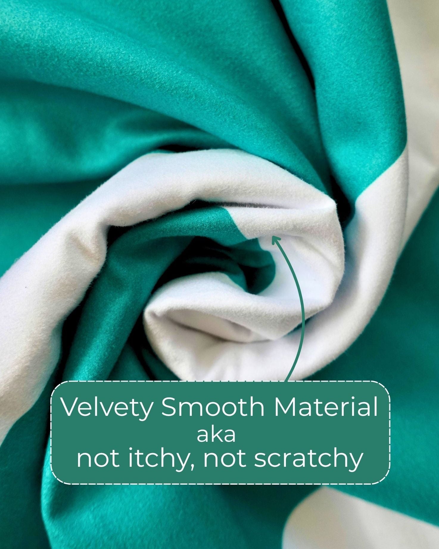 Close-up of green and white fabric with text about material texture