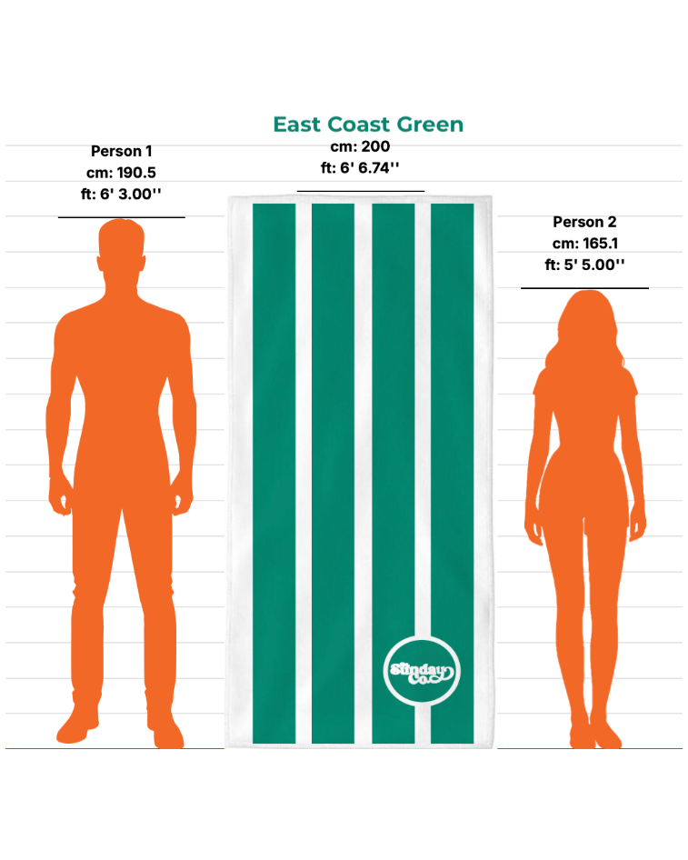 Measurement chart showing a green and white striped towel with two human silhouettes for scale.
