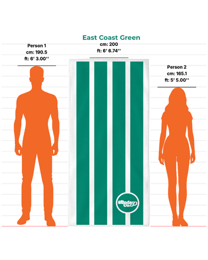Measurement chart showing a green and white striped towel with two human silhouettes for scale.