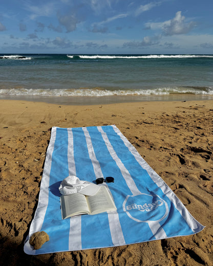 Blue and white striped towel on a sandy beach with an open book, white baseball cap, and sunglasses for size reference.