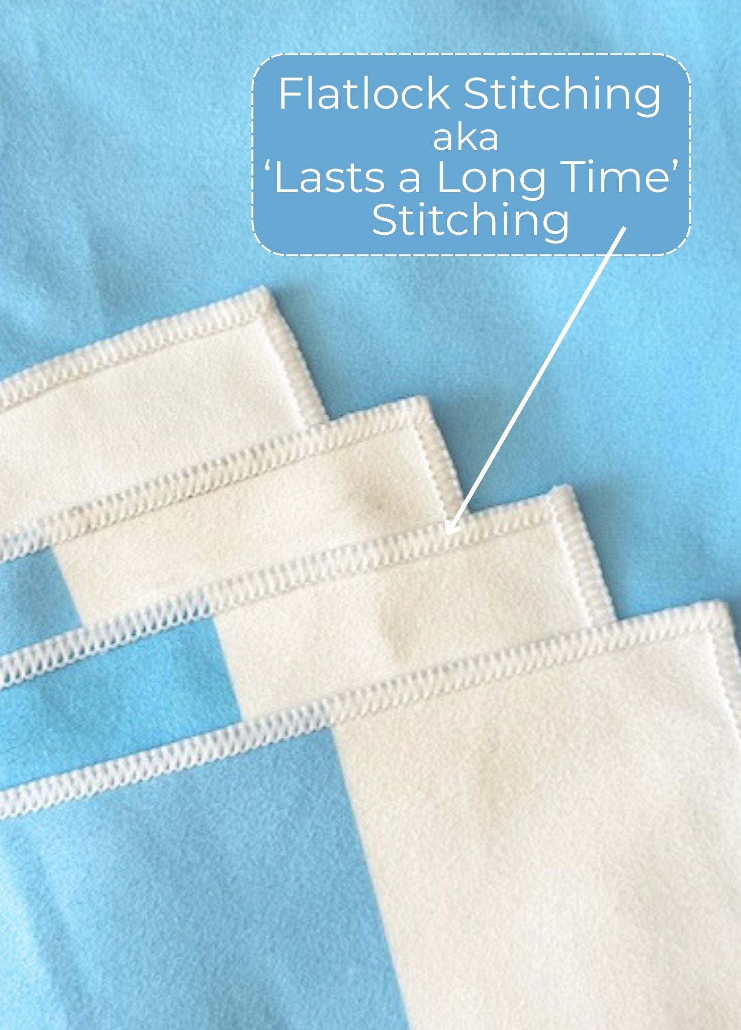 White and Blue striped fabric with flatlock stitching on a blue background