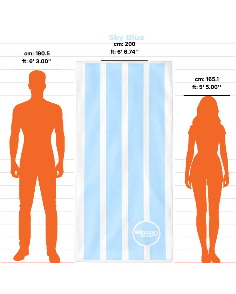 Measurement chart with a towel and human figures for height reference.