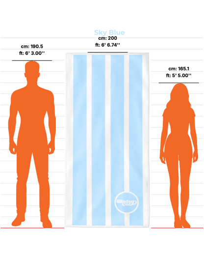 Measurement chart with a towel and human figures for height reference.