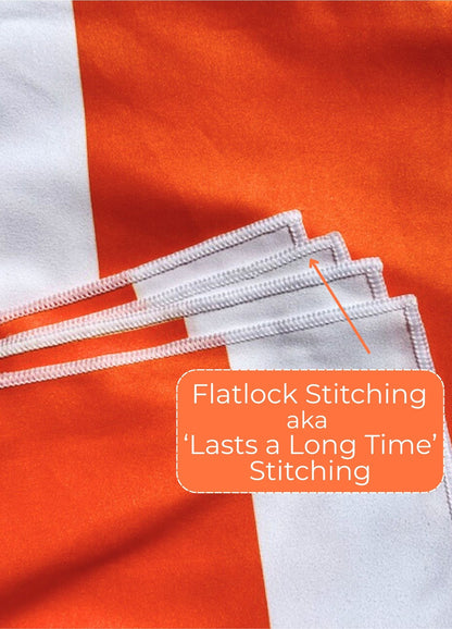 Fabric with flatlock stitching on orange and white material